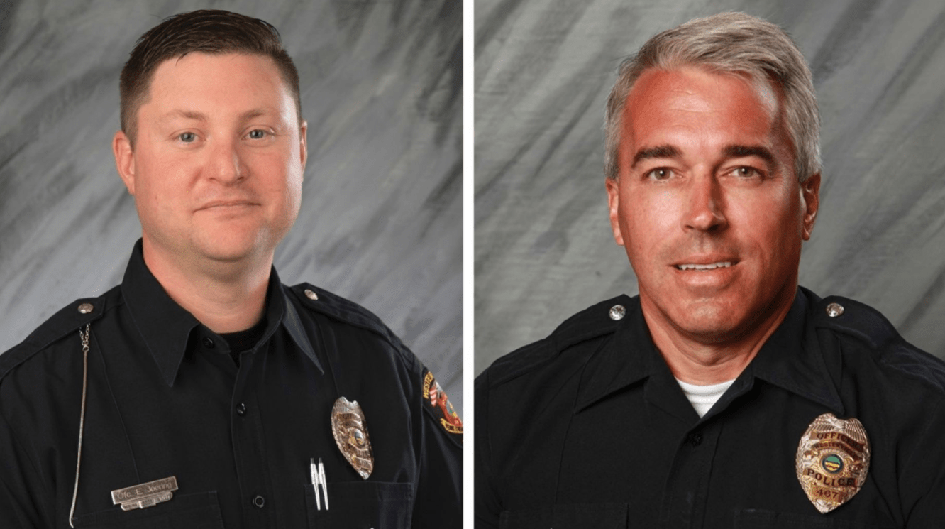 Officers Eric Joering, 39, left, and Anthony Morelli, 54, were fatally shot while responding to a hang-up 9-1-1 call on Saturday, Feb. 10, 2018.