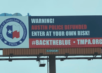 This billboard went up in 2020 when the Austin City Council drastically cut the police budget.