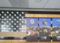 Image of the Thin Blue Line flag being masked at the LAPS Valley Traffic Division lobby.  (Photo by Los Angeles Police Protective Union)