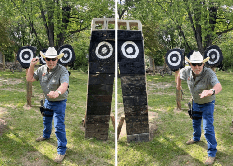 Author Ron Martinelli demonstrates overhand (left image) and underhanded (right image)                 master grips on a throwing knife.