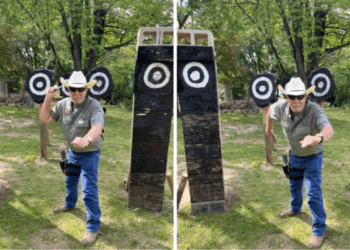Author Ron Martinelli demonstrates overhand (left image) and underhanded (right image)                 master grips on a throwing knife.